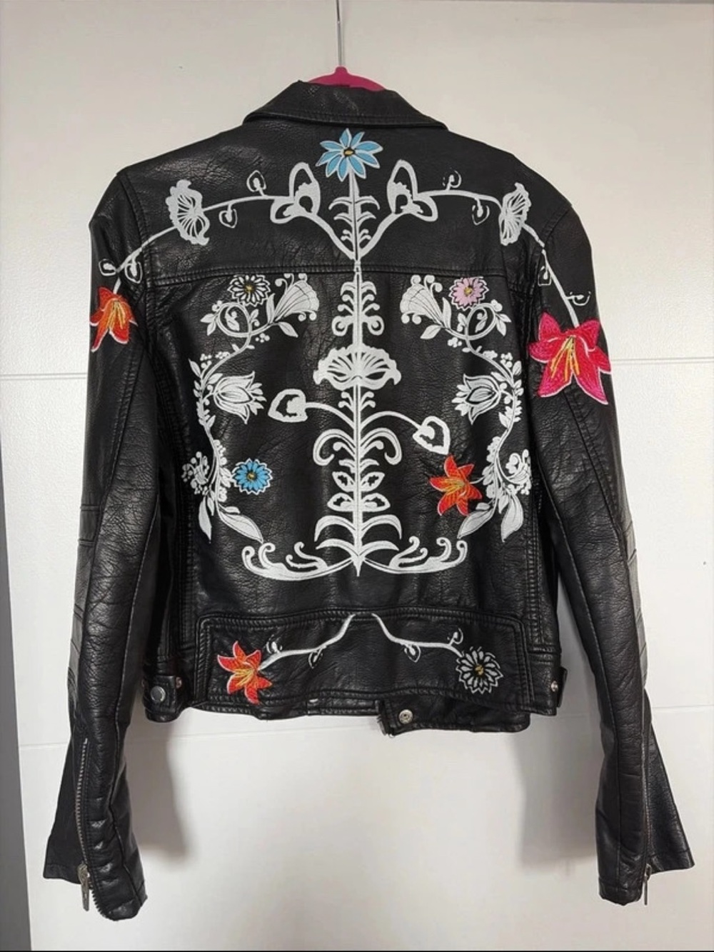 Blank NYC Black Leather Jacket with Multicolor Floral Embroidery